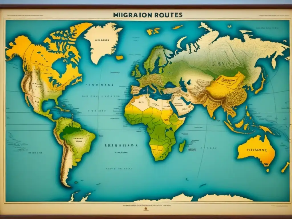 Un antiguo mapa detallado muestra rutas de migración de ancestros en tinta desvanecida, con ilustraciones de barcos y carruajes