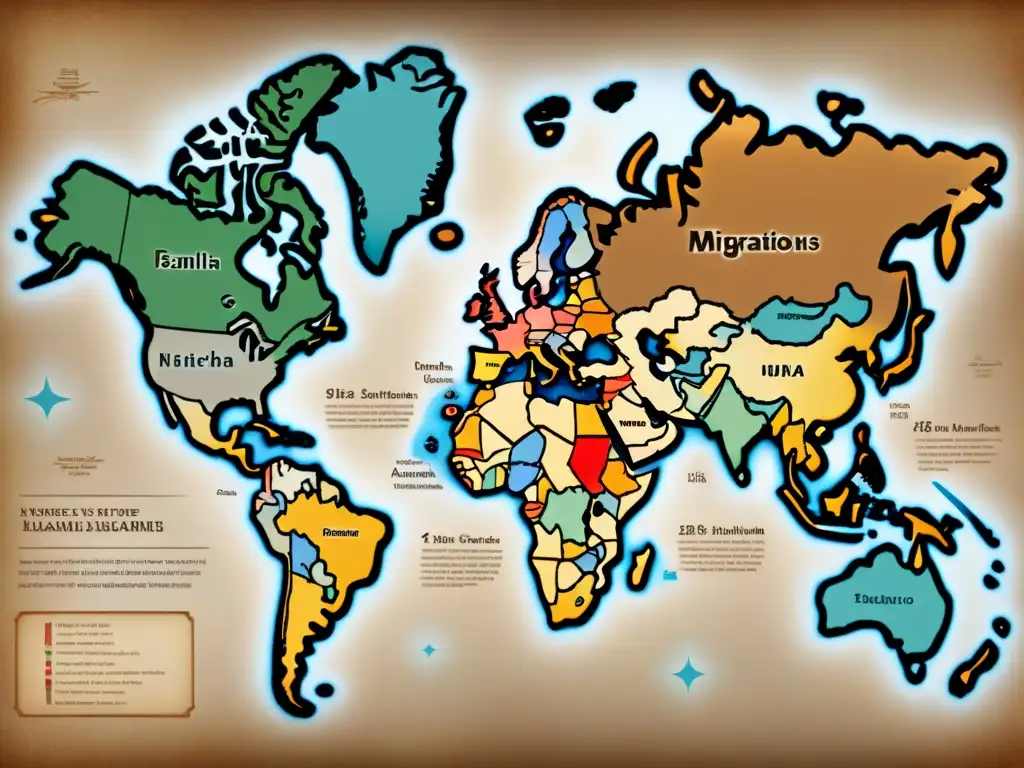 Un antiguo mapa detallado de rutas migratorias de apellidos ancestrales a través de continentes y generaciones, en tonos sepia