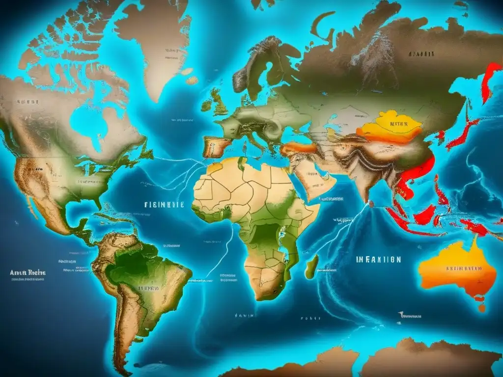 Un antiguo mapa detallado con rutas migratorias ancestrales, evocando exploración y nostalgia