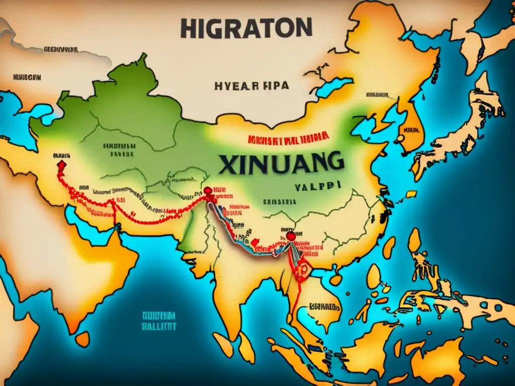 Un antiguo mapa detallado mostrando rutas migratorias de Xinjiang a Xalapa y la evolución de apellidos con X