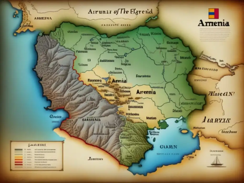 Un antiguo mapa detallado de Armenia del siglo XVIII en tonos sepia, evocando historia apellidos armenios reconstrucción