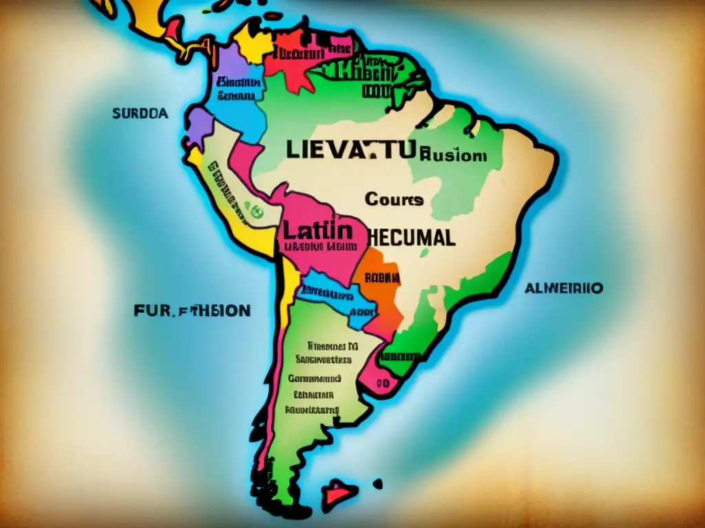 Un antiguo mapa detallado de América Latina con siluetas superpuestas de personas de distintos orígenes étnicos, representando la fusión de culturas