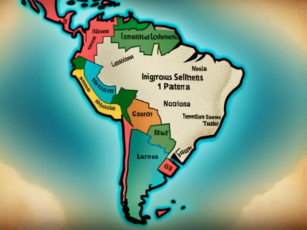 Un antiguo mapa detallado de América Latina con símbolos indígenas y territorios, perfecto para 'Origen y evolución de apellidos indígenas'