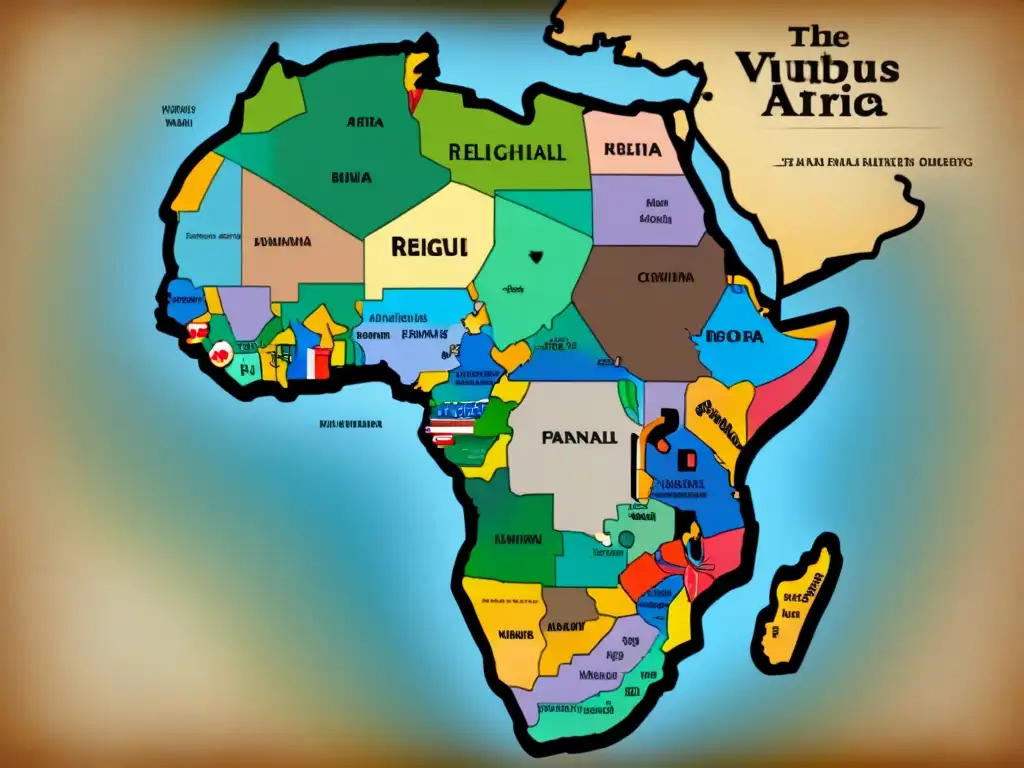 Un antiguo mapa detallado de África con símbolos religiosos y apellidos destacados