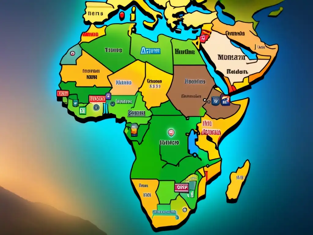 Un antiguo mapa detallado de África con símbolos, patrones y paisajes tradicionales