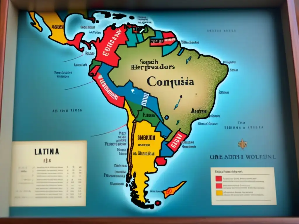 Un antiguo mapa detallado de América Latina con surnames con Q, ilustraciones de barcos y documentos históricos