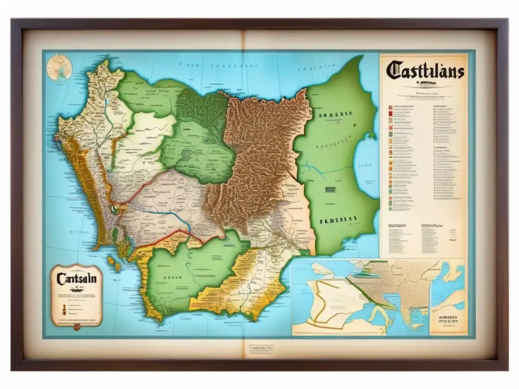 Antiguo mapa detallado de territorios castellanos medievales, con castillos y propiedades de la familia Castellanos