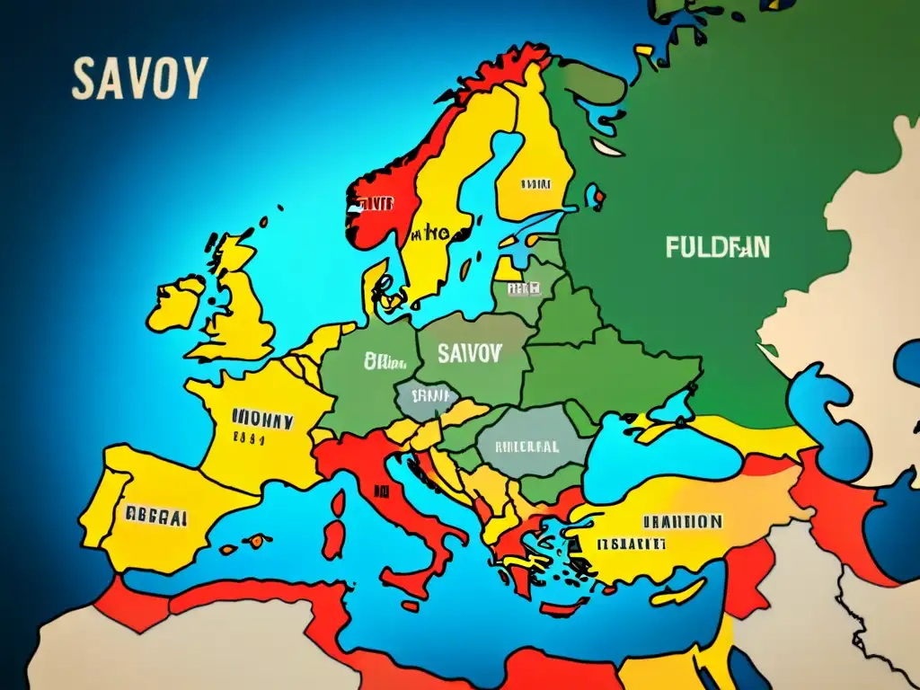 Un antiguo mapa detallado de Europa con los territorios históricos del apellido Savoy, resaltando su legado noble en la región