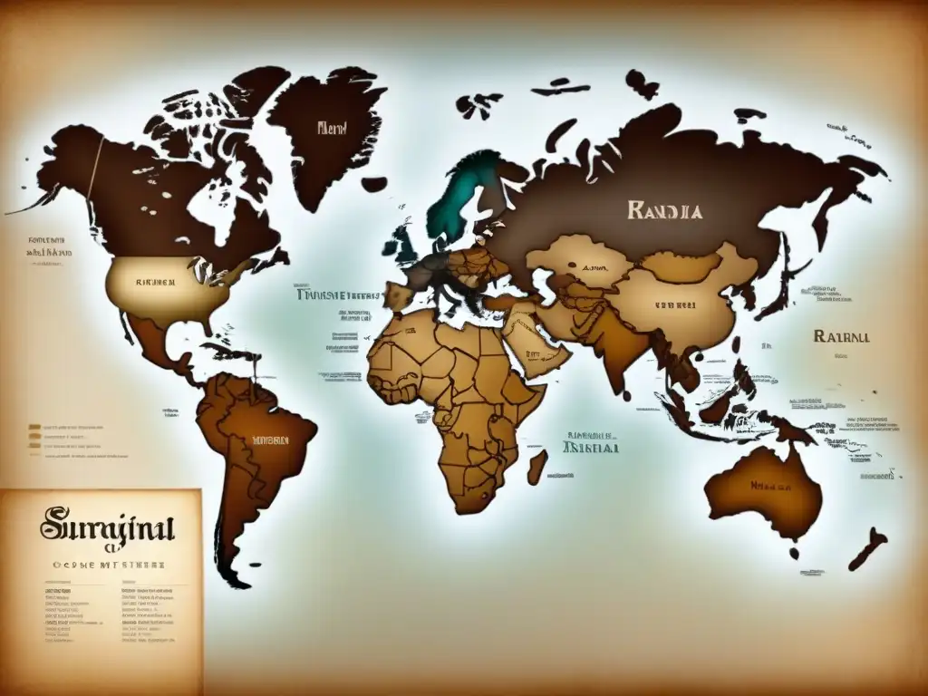 Un antiguo mapa detallado de territorios coloniales asiáticos y un complejo árbol genealógico de apellidos en tiempos coloniales