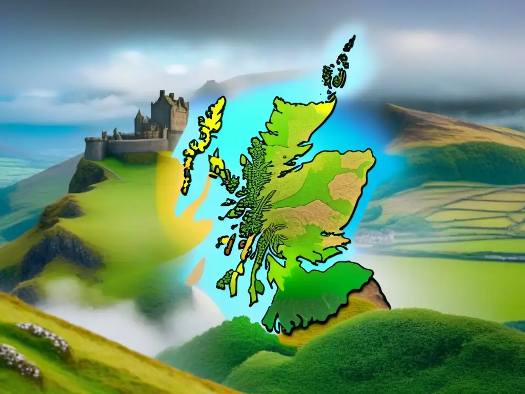 Un antiguo mapa detallado de Escocia con territorios de clanes, tartanes y castillos, bajo un cielo dramático