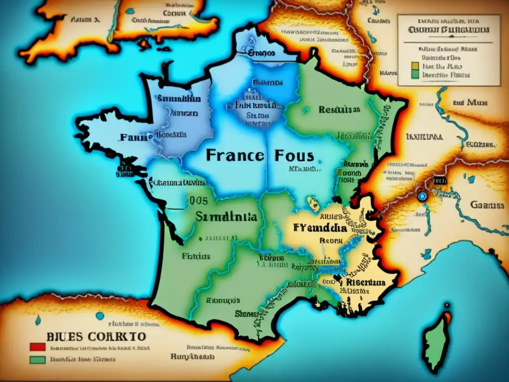 Un antiguo mapa detallado de Francia con tonos azules, verdes y marrones, con caligrafía elegante y detalles históricos