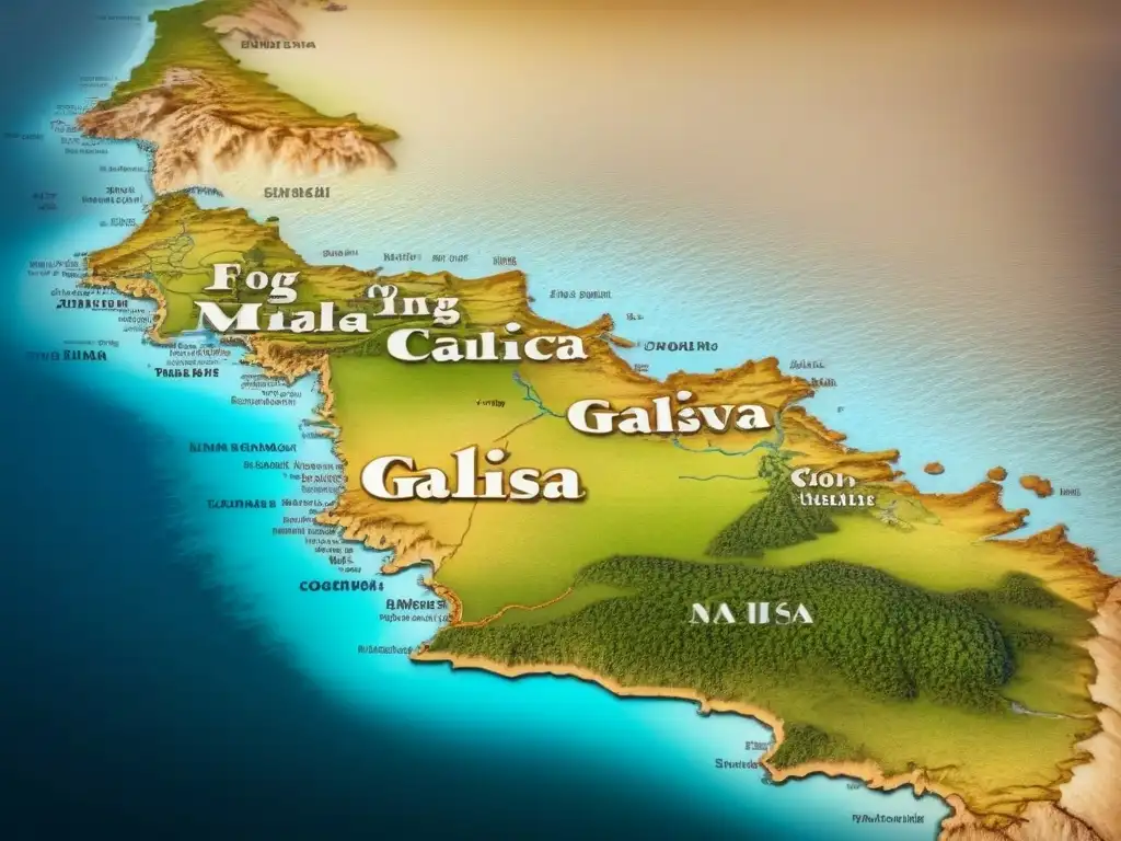 Antiguo mapa detallado de Galicia con tonos sepia, destacando historia, apellido Estévez y migración