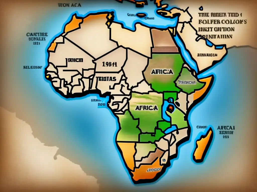 Un antiguo mapa de África con detalles de historia apellidos antiguos África y texturas de pergamino en tonos sepia