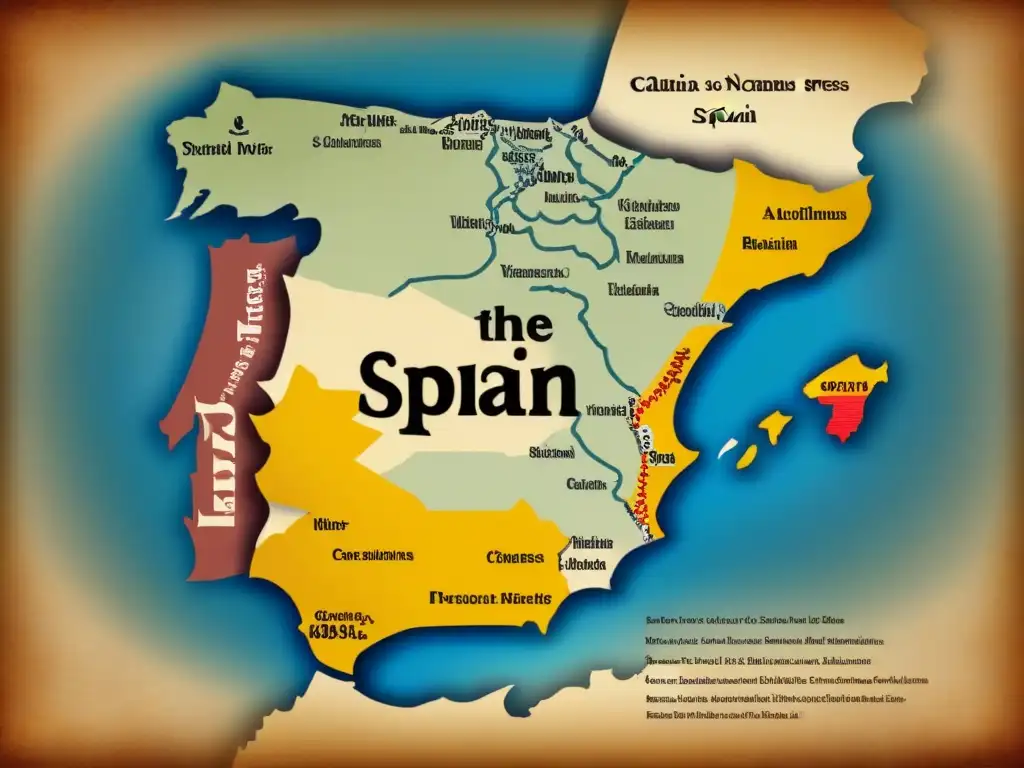 Un antiguo mapa de España con detalles intrincados y un árbol genealógico que conecta apellidos, evocando el origen de apellidos en España