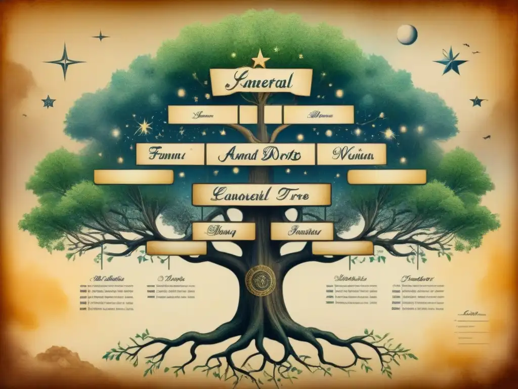 Un antiguo mapa estelar linaje familia en pergamino amarillento, detallando generaciones con caligrafía y elementos celestiales