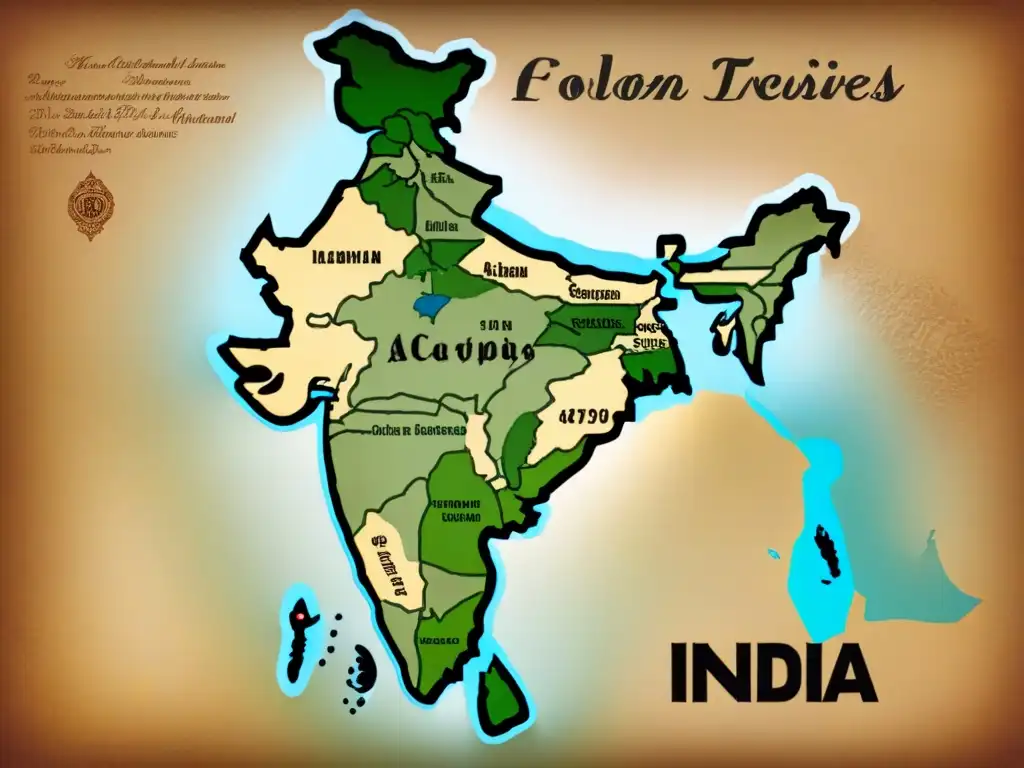 Un antiguo mapa de la India detallado con caligrafía, flores de loto y pavos reales, en tonos sepia evocando historia de apellidos indios