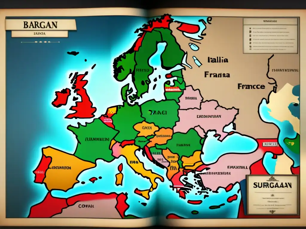 Un antiguo mapa sepia de Europa resaltando las influencias italianas y francesas en los apellidos Barragán, Borja y Briceño