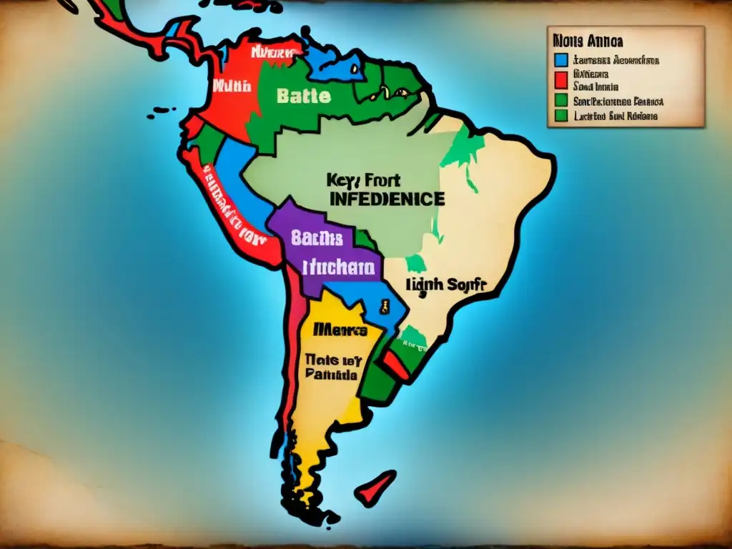 Antiguo mapa sepia de América Latina con lugares clave de las guerras de independencia y anotaciones manuscritas desgastadas en los márgenes