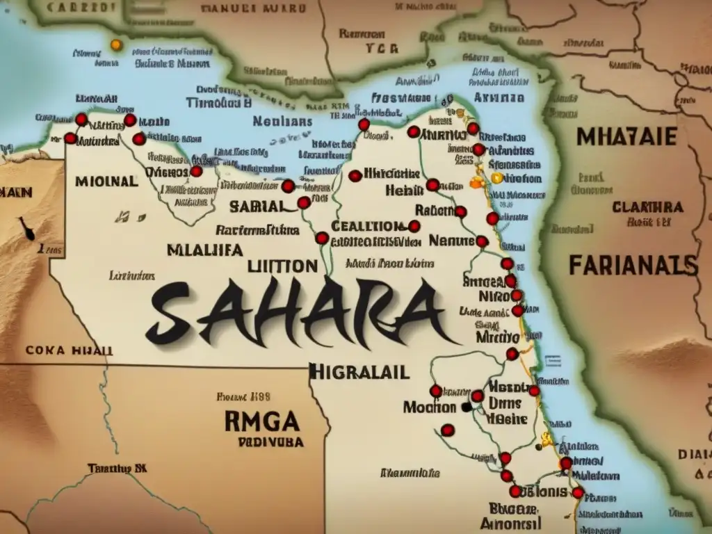 Un antiguo mapa detallando el Sahara con monumentos históricos