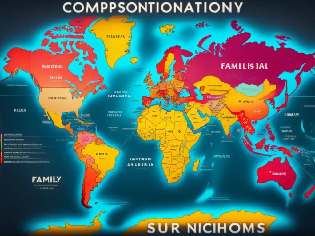 Un antiguo mapa mundial detallando la evolución de apellidos en migración