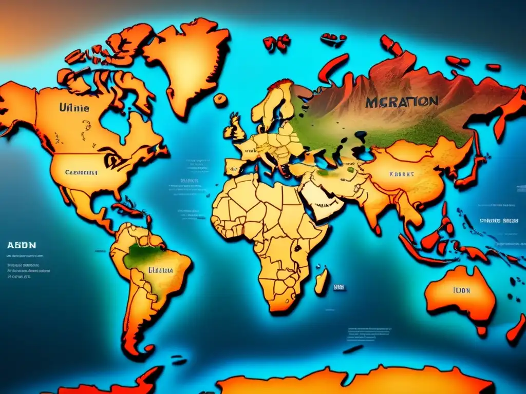 Un antiguo mapa del mundo detallado con rutas de migración y caligrafía, que muestra el origen y evolución de apellidos