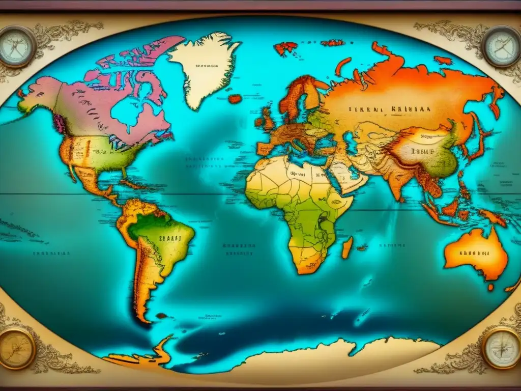 Un antiguo mapa del mundo detallado en 8k, con colores desgastados y bordes ornamentados, evocando una sensación de exploración y aventura