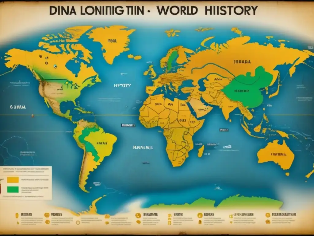 Un antiguo mapa del mundo con detalles intrincados de rutas y ADN entrelazado con raíces de árbol