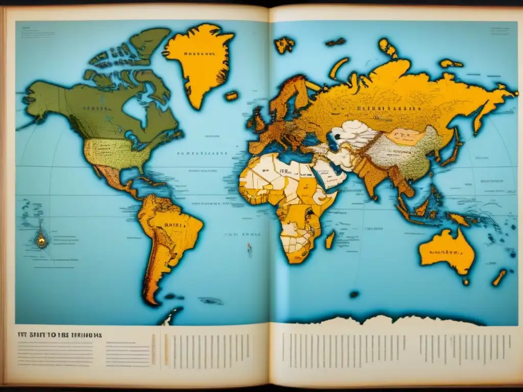 Un antiguo mapa del mundo sepia detallando historias de apellidos y migraciones del siglo XX