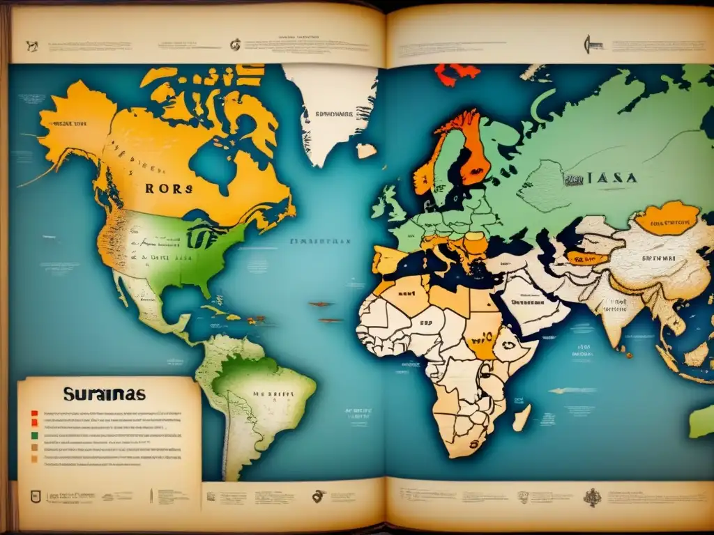 Un antiguo mapa detallando Origen de apellidos en guerras, con bordes desgastados y anotaciones en caligrafía antigua