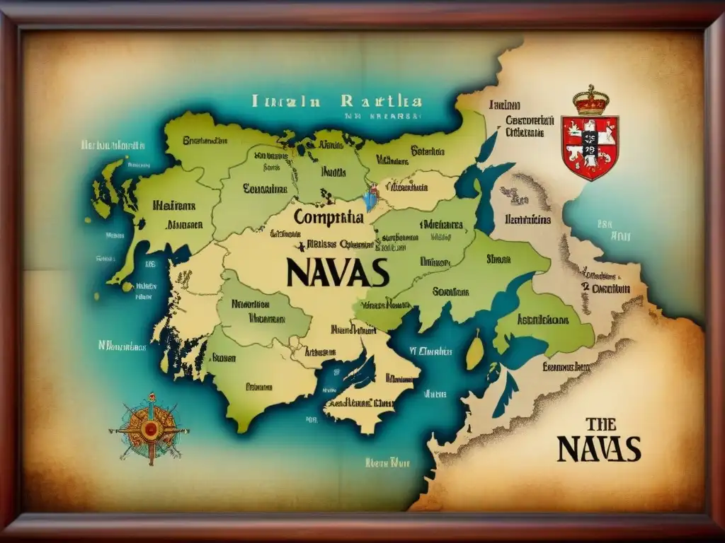 Mapa medieval de la historia del apellido Navas Un antiguo mapa detallando el origen e historia del apellido Navas en batallas medievales, escudos nobiliarios y castillos antiguos