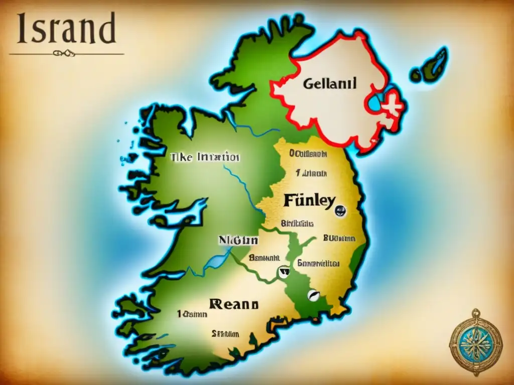 Un antiguo mapa de las regiones gaélicas de Irlanda detallando la historia del apellido Finley, con símbolos celtas y escritura gaélica