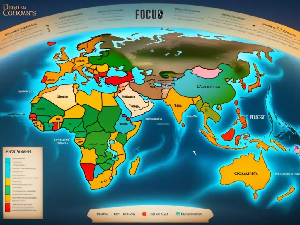 Un antiguo mapa sepia detallando rutas de colonización y descolonización, con eventos históricos que impactan la genealogía