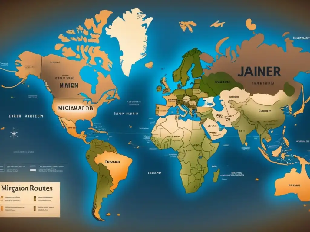 Un antiguo mapa detallando rutas migratorias de apellidos, evocando historias de apellidos en inmigración