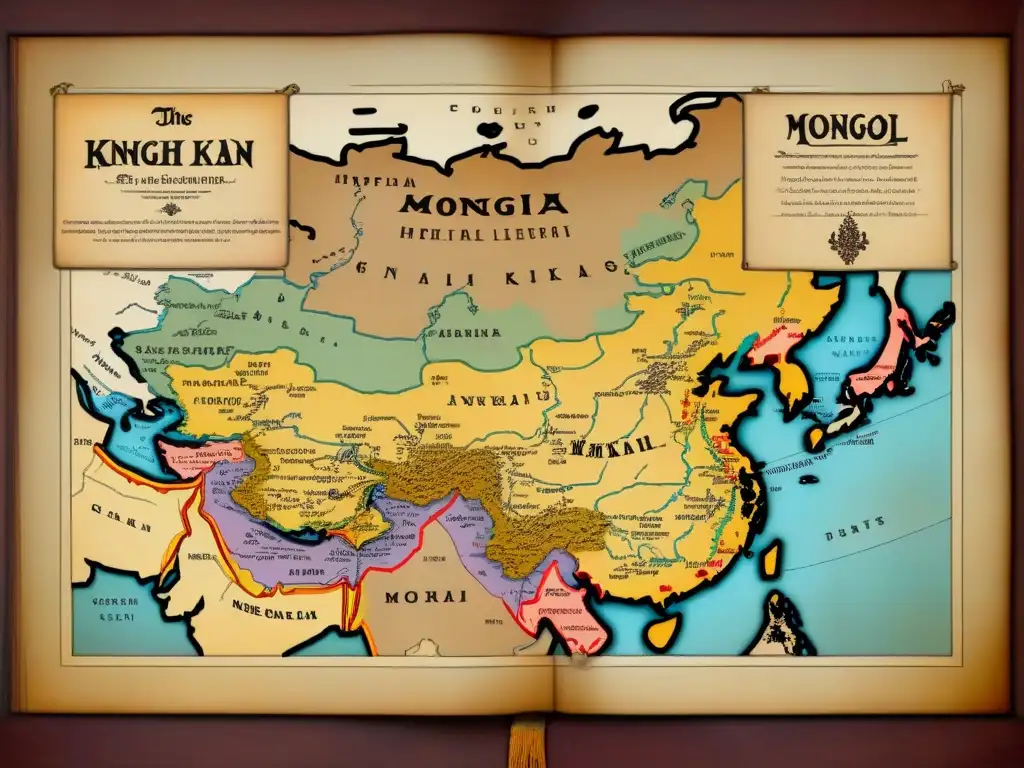 Un antiguo mapa detalla el vasto Imperio Mongol en su apogeo, con ilustraciones de Genghis Khan y Kublai Khan liderando sus tropas en batalla