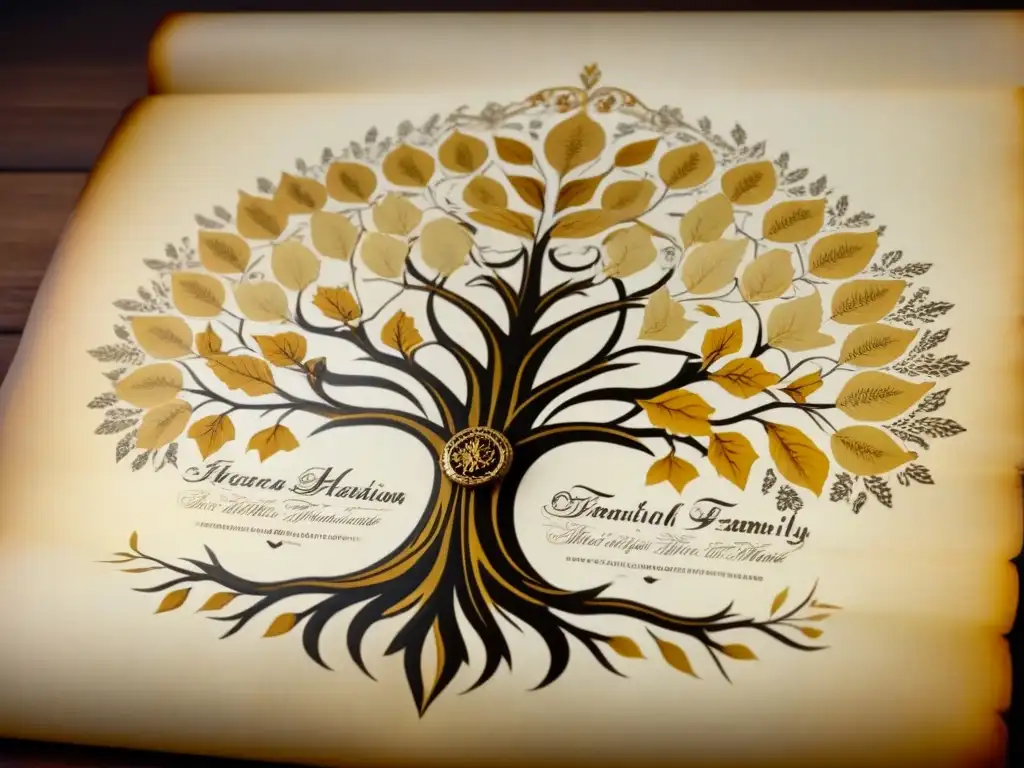 Un antiguo pergamino detalla un árbol genealógico con caligrafía delicada, evocando la historia de apellidos y genealogía