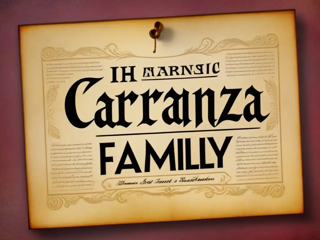 Antiguo pergamino con caligrafía mostrando el apellido Carranza en ornamentos, rodeado de mapas y manuscritos antiguos