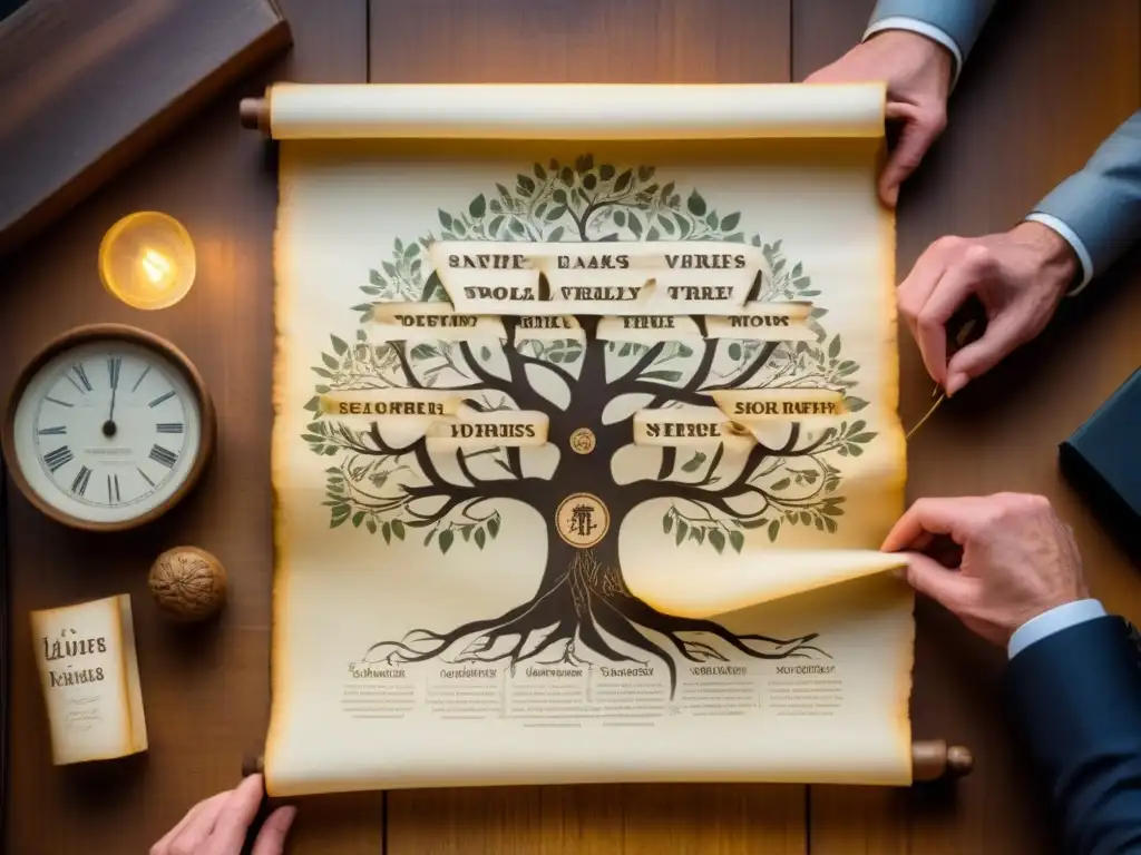 Árbol genealógico de la familia Ulises: historia y sabiduría Antiguo pergamino desplegado con el árbol genealógico de la historia del apellido Ulises, iluminado por una suave luz cálida