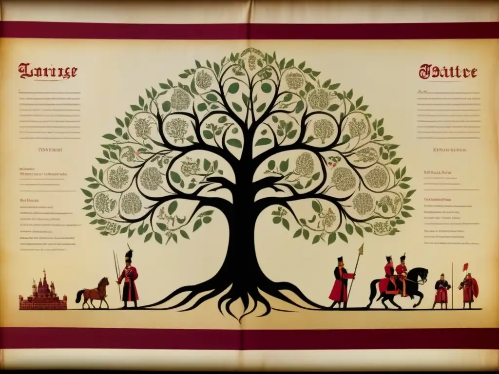 Antiguo pergamino desplegado con árbol genealógico de apellidos nobles entrelazados en escenas históricas