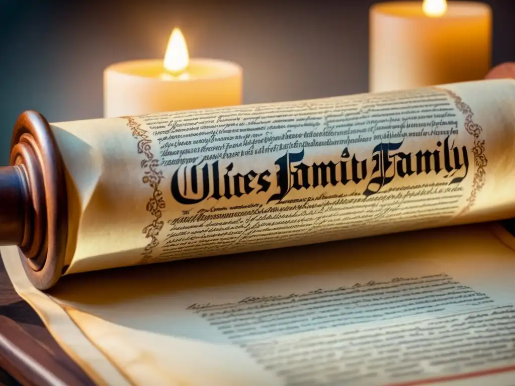 Genealogía de la familia Ulises en pergamino antiguo Antiguo pergamino desplegado con caligrafía detallada sobre la historia del apellido Ulises, iluminado por luz de velas