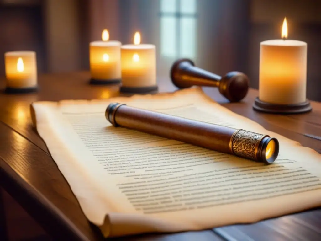 Un antiguo pergamino desplegado en una mesa de madera, iluminado por una vela