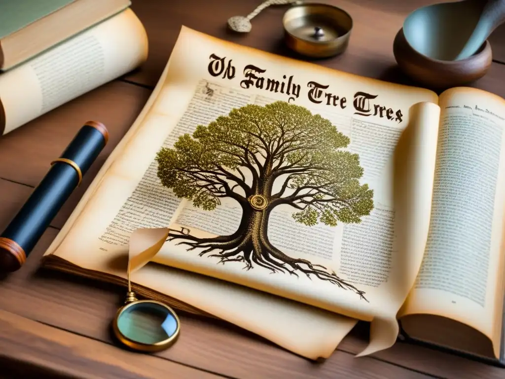 Un antiguo pergamino desplegado en una mesa de madera, mostrando un detallado árbol genealógico con conexiones ancestrales