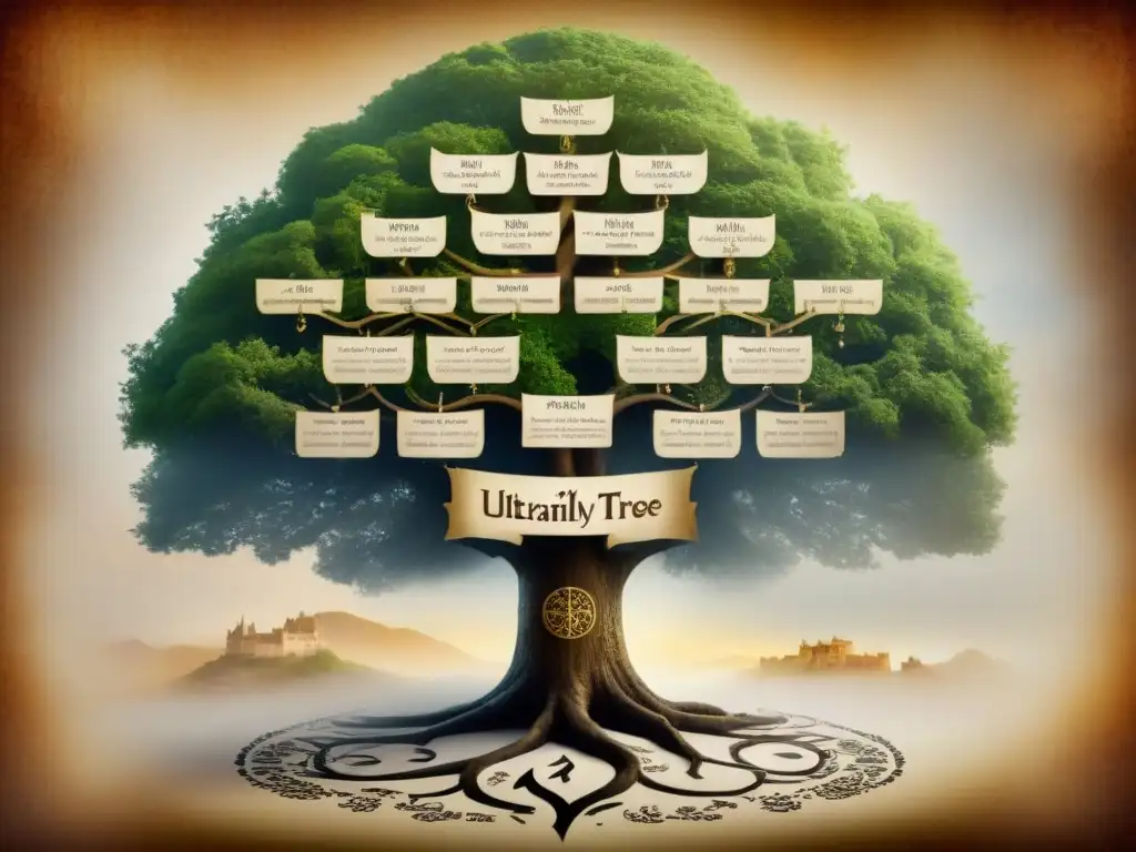 Antiguo árbol genealógico familiar con apellido 'T' en pergamino detallado Antiguo pergamino genealógico detallado con historia de apellidos genealogía revelada