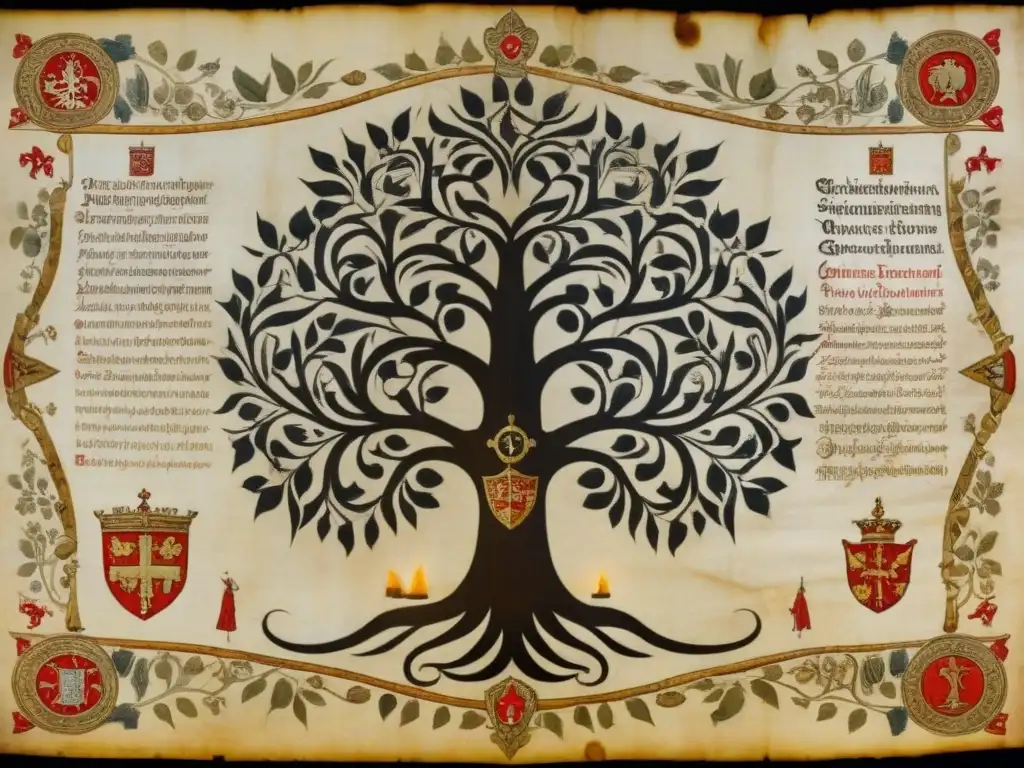 Antiguo pergamino medieval con árbol genealógico de noble linaje en caligrafía detallada