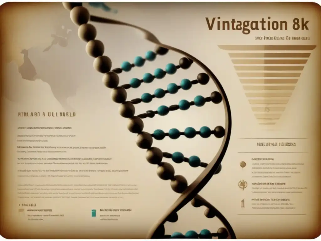 Un antiguo póster detallado de una doble hélice de ADN en tonos sepia sobre un mapa mundial antiguo, evocando nostalgia y autoridad en genética