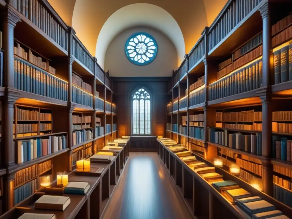 Un antiguo salón de biblioteca con libros antiguos, luz solar y polvo en el aire