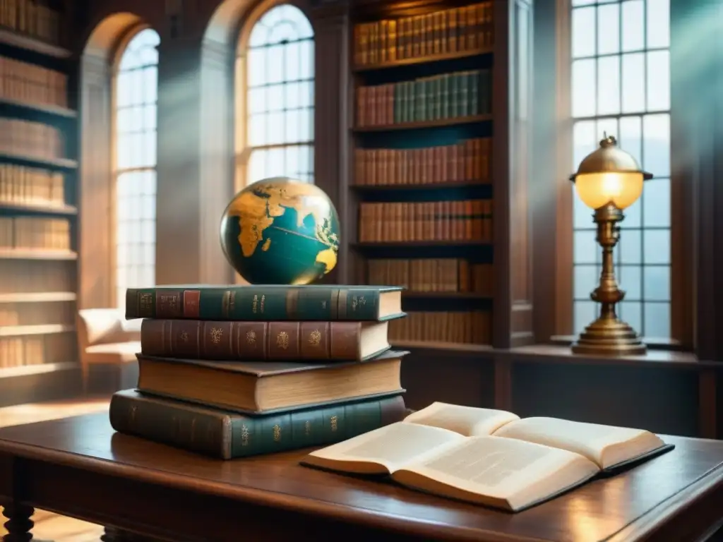 Un antiguo salón de biblioteca sepia, lleno de libros de cuero y lámparas de latón, con un globo terráqueo y pergaminos