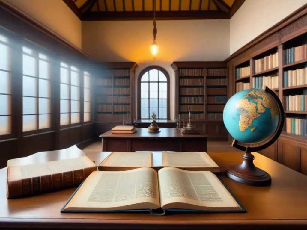 Un antiguo salón de biblioteca lleno de libros de genealogía y mapas, iluminado por luz solar