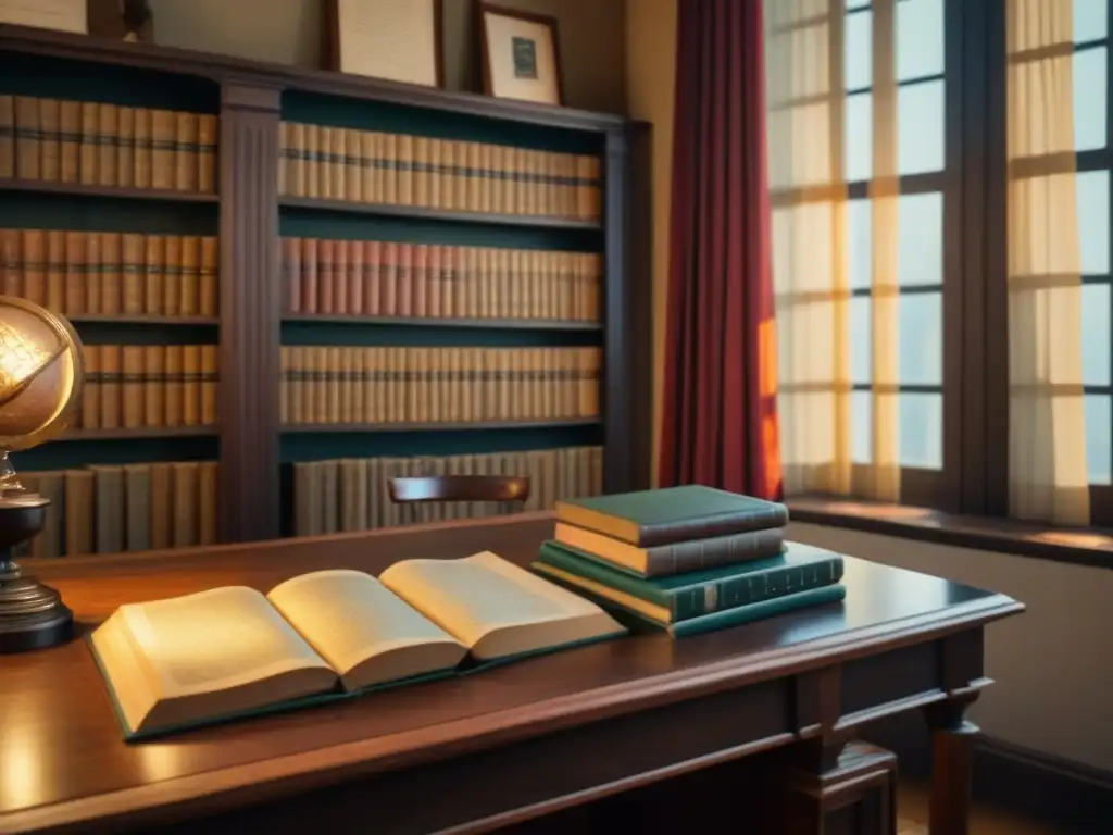 Un antiguo salón de biblioteca lleno de libros genealógicos polvorientos, iluminado por luz cálida, evocando nostalgia y sabiduría genealógica