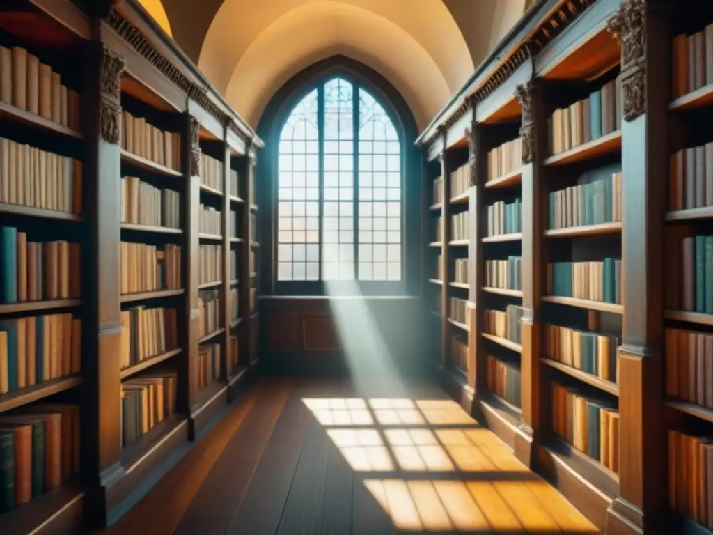 Un antiguo salón repleto de libros antiguos, con luz solar filtrándose entre vitrales, que ilumina estanterías de madera