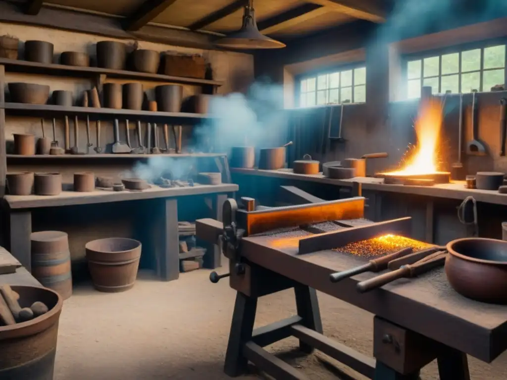 Un antiguo taller de herrería lleno de actividad, con un Herrero ancestral forjando metal